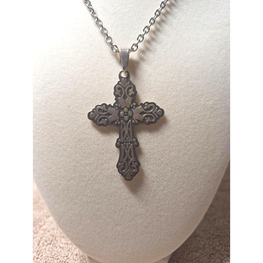 Taxco cross pendant artisan crafted sterling silver stainless steel chain